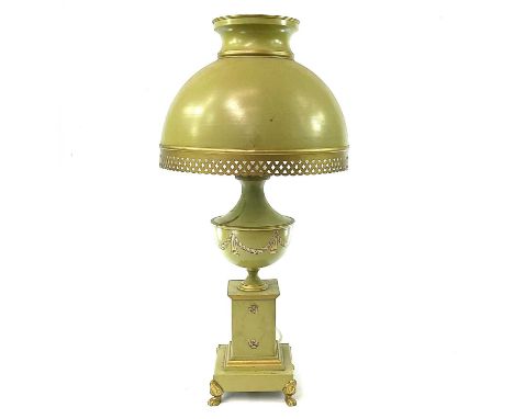 An Italian toleware table lamp, 20th century, with green and gilt painted decoration, height 57cm.