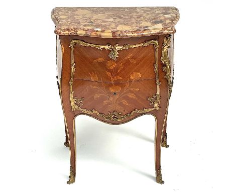 A French Louis XV style kingwood and marquetry small two drawer commode, circa 1900, with ormolu mounts beneath a Scagliola m