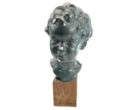 Arthur Ernest Vokes plaster bust of a child signed to reverse on a wood plinth, height 43cm.Cracks and chips to plaster.