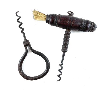 A 19th century corkscrew with walnut turned handle and badger hair brush together with a folding corkscrew. (2)