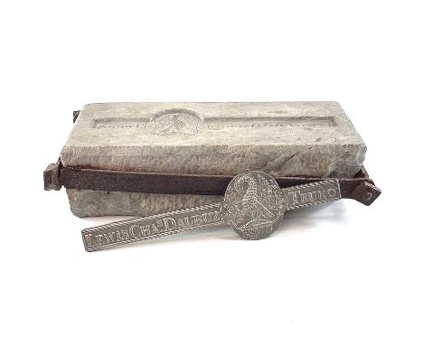 A rare 19th century Lewis Charles Daubuz carrera marble and iron mould stone for bar ingots, Length 47cm x width 20cm; togeth