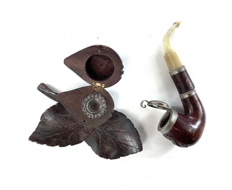 A late 19th century fruitwood carved ink well in the form of a pear and leaf and glass insert together with a Bruyere root pi