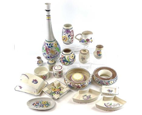 A Poole pottery bottle vase lamp base together with a quantity of similar Poole pottery items. (box)