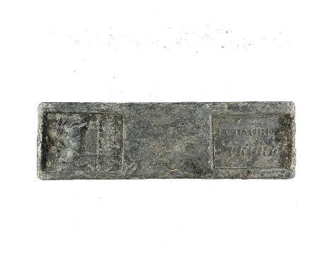 A Carvedras 28lb tin ingot with L C Daubaz stamp, salvaged from the wreck of SS Cheerful which sunk in 1885, length 41cm widt