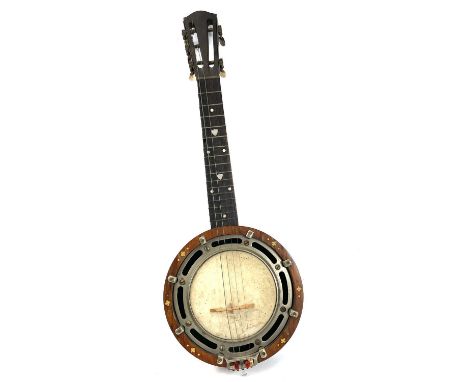An early 20th century zither banjo inlaid with mother of pearl length 57.5cm.