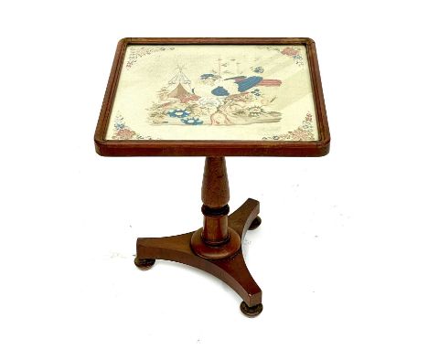 A Victorian mahogany occasional table, the top with with a needlepoint panel, converted from a polescreen, height 55cm, width