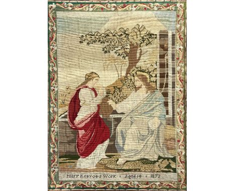 A Victorian embroidery panel depicting Photine the Samaritan woman at the well inscribed 'Mary Kenyon's Work Aged 14 1872', 8
