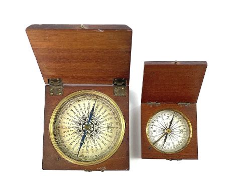A 19th century travel compass of small proportions with a printed card dial in a square oak case, 5cm square together with a 