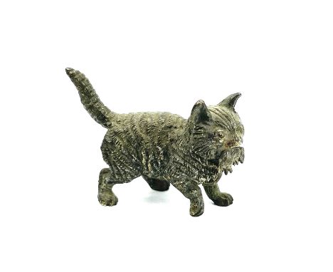 An Austrian cold painted bronze figure of a cat with a rat in its mouth impressed marks to underside, height 5cm length 7cm.