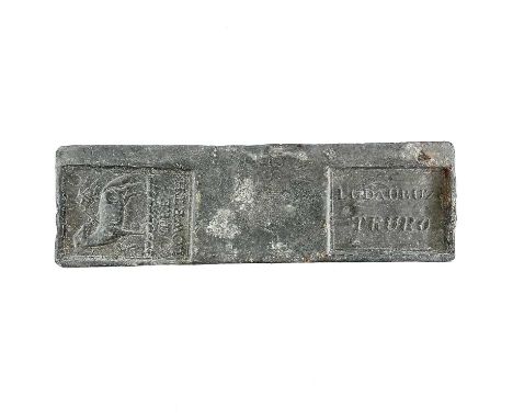 A late 19th century Treloweth 28lb tin ingot with L C Daubuz assay stamp, salvaged from the wreck of SS Cheerful which sunk i