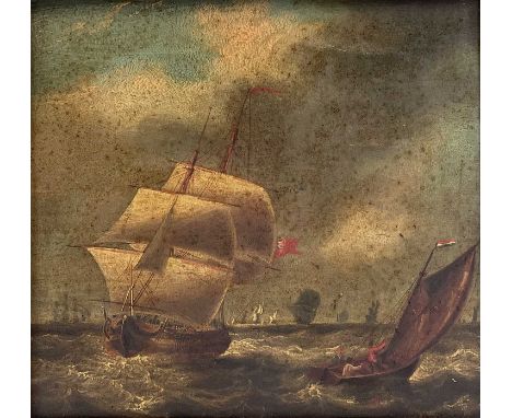 Dutch School, circa 1800Shipping in a brisk wind off the Dutch coastOil on mahogany panel, 20 X 22cm, in a burr walnut frame.