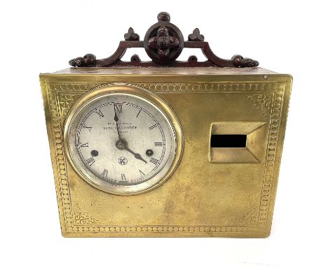 A Kosmoid patent time recorder, the silvered dial with brass surround and mahogany case, height 34cm.