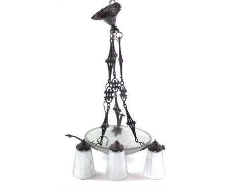 A Muller Fres Luneville bronzed metal and frosted glass plaffonier the frosted glass shade moulded with stylised foliage and 