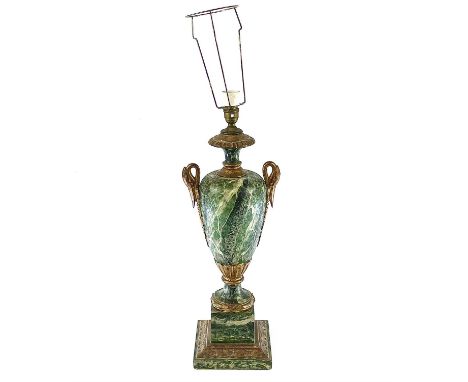 A decorative Gilt and faux marble table lamp, mid 20th century, with swan neck handles and on a stepped base with moulded edg