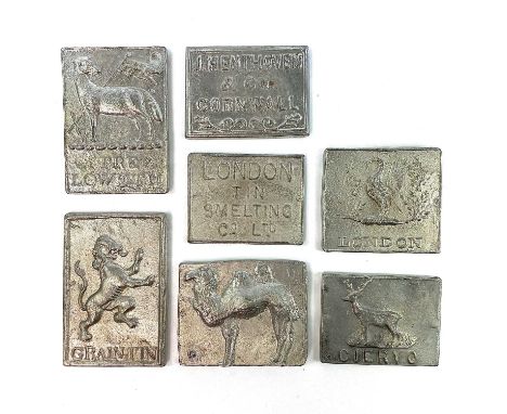 A collection of seven re-strike Cornish tin plates.This large collection of extremely rare Cornish tin ingots and mining arte