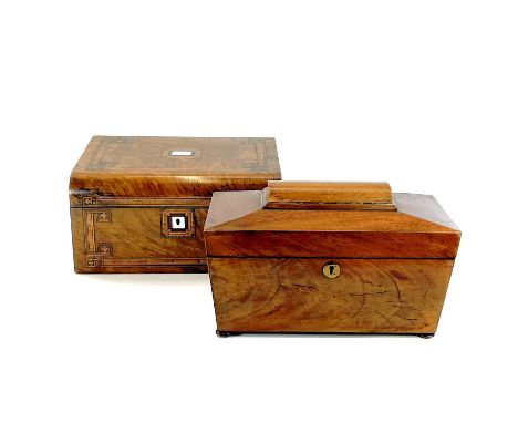A Victorian walnut and inlaid work box, with removable tray, width 30cm, together with a mahogany tea caddy, of sarcophagus f