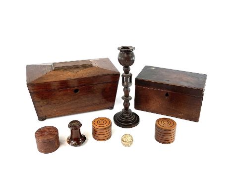 A 19th century rosewood sarcophagus tea caddy with twin lidded compartments on disc feet together with a 19th century box and