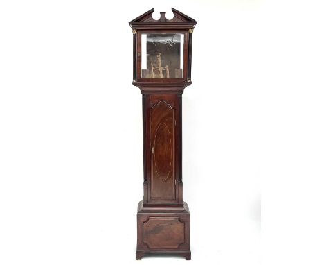 A Regency mahogany and inlaid longcase clock case, to take a musical movement, the hood with gilt capped column supports, the