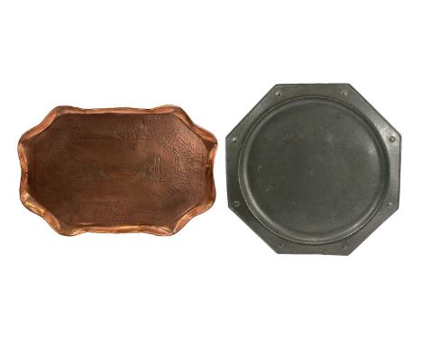 An Arts and Crafts Eustace Brothers, Hayle copper tray, engraved with engine houses and a tin mine, width 42cm, together with