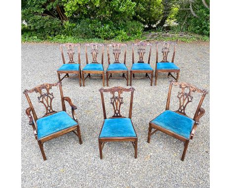 A set of eight George III style mahogany dining chairs, 20th century, in the Chippendale taste, with pierced and carved splat