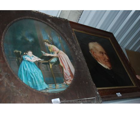 An oil on canvas portrait of an elderly gentleman, unsigned and repairs visible along with a wooden framed print of a young l
