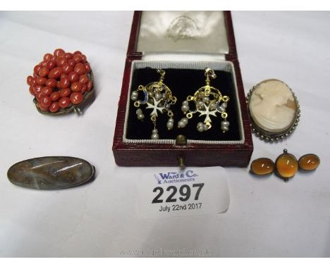 A pair of seed pearl and enamel Earrings, coral brooch, agate brooches, etc.