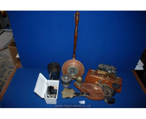 A Brass Barometer, pair of gun brackets with brass stags, hooks, horse brass, brass model of Coal Wagon, etc.