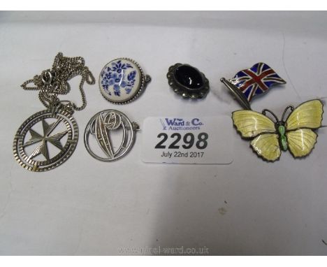 A Silver butterfly Brooch, Delft brooch, silver Pendant, enamel union jack brooch, etc. 