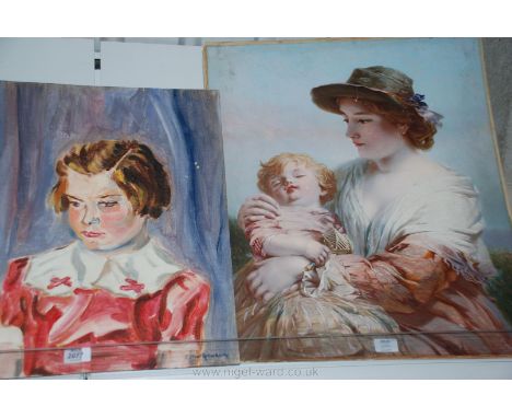An Oil on board portrait of a young girl signed Stuart Richardson, and a Victorian Chromolithograph of Mother and Child.