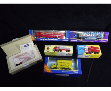 6 x Corgi Commercials. 59509 Superhaulers James Irlam Scania Curtainside, 59519 Cadbury Boost Bike Team Volvo Transporter, 19