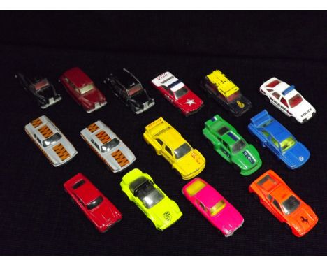 Corgi Cars. 2 x Jaguar XJS, 3 x London Taxi, Corgi Rocket Jenson Interceptor, Ford Sierra Police Car and various others. Vari