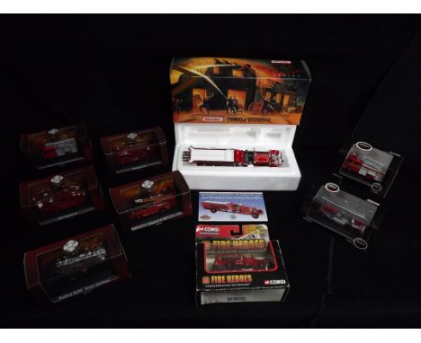 9 x Fire brigade Die-cast Vehicles. Matchbox YSFE01 1930 Ahrens-Fox Fire Engine, 5 x Atlas Editions, Makers are Dennis, Bedfo