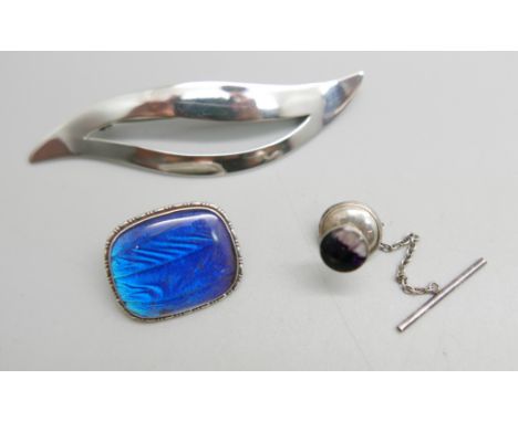 A vintage Danish silver brooch by S. Christian Fogh, London import mark, a silver butterfly wing brooch and a silver Blue Joh