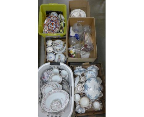Six boxes of mixed china, tea wares, blue and white, Japanese tea wares, glass light shades, etc. **PLEASE NOTE THIS LOT IS N