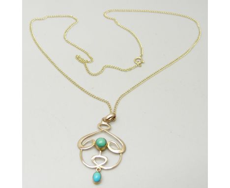 An Art Nouveau turquoise set pendant on 9ct gold chain, total weight 3.1g, chain 45cm 