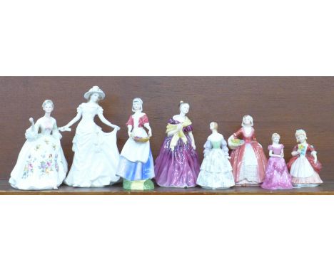 Eight figures of ladies; Royal Worcester Celebration Golden Moments, Coalport Debutante Dawn and Royal Doulton Dawn, Valerie,