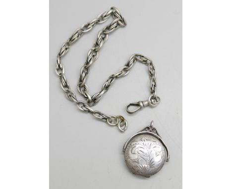 A silver fancy link watch chain with Albert clip, each link marked, and a hallmarked silver swivel locket/fob, 36.6g, chain 3