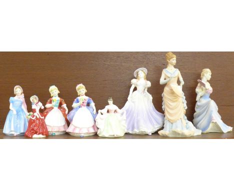 A collection of figures; five Royal Doulton figures, a Royal Worcester and two Coalport figures 