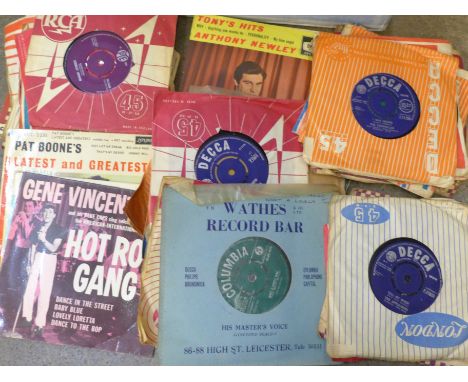 A box of 7" singles, mainly 1960s and 1970s including The Beatles, Rolling Stones, Elvis Presley, many EPs 