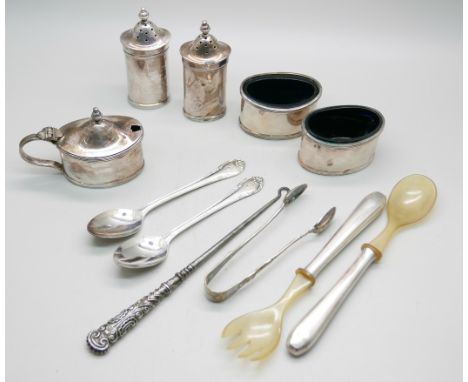 Five silver condiments, two silver spoons and two small servers, horn and white metal mounted marked 90, a  Victorian silver 