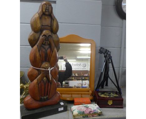A carving depicting Buddha, a wooden toilet mirror, three jewellery boxes and a tripod **PLEASE NOTE THIS LOT IS NOT ELIGIBLE