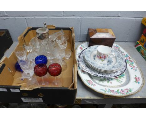 A collection of glassware, an Indian Tree serving plate, tea caddy, etc. **PLEASE NOTE THIS LOT IS NOT ELIGIBLE FOR IN-HOUSE 