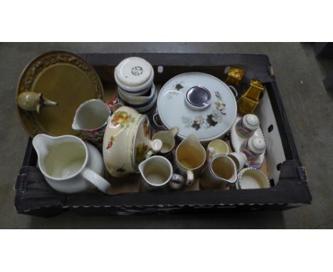 A collection of kitchenware; Royal Worcester salt and pepper pots, Royal Doulton Honiton cruet set, Burleighware, Guernsey, e