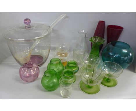 A large polka-dot decorated punch bowl and plastic ladle, other coloured glass vases; red, green, indigo, etc. **PLEASE NOTE 