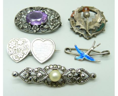 Five silver brooches, (enamel bird a/f) 