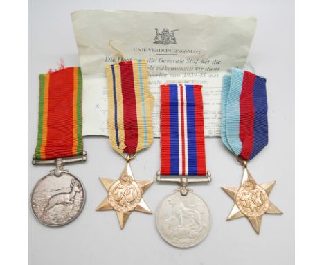 Four WWII medals including Africa Service Medal to C166467 S. Botha and leaflet 