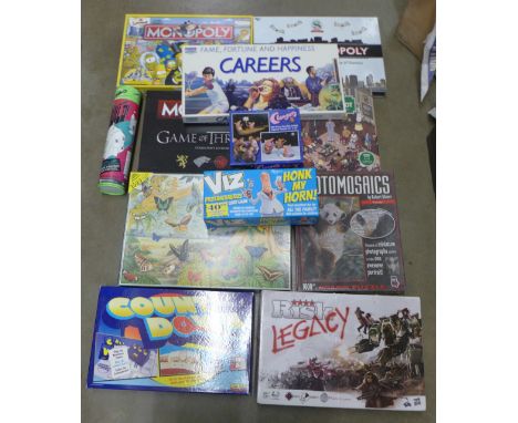 A collection of board games including Game of Thrones, Simpsons Monopoly, Risk, Viz Game, Countdown, etc. **PLEASE NOTE THIS 