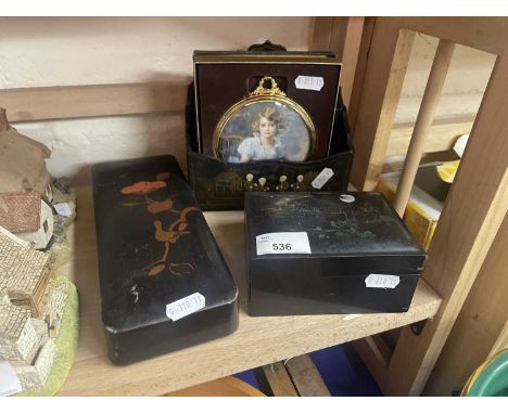 Two chinoiserie style boxes, a chinoiserie style letter rack and a reproduction portrait miniature