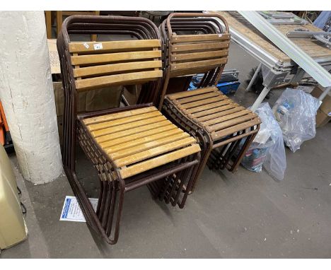 Ten vintage Cox slatted and metal framed stacking chairs