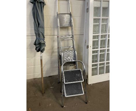 Two aluminium step ladders, two tier step up and a Black &amp; Decker handy jack (4)